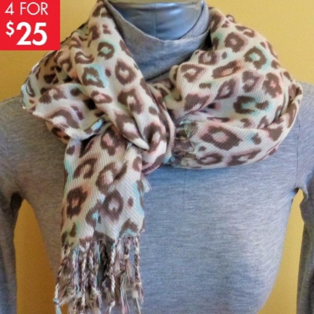 Pashmire scarf cream brown aqua animal leopard